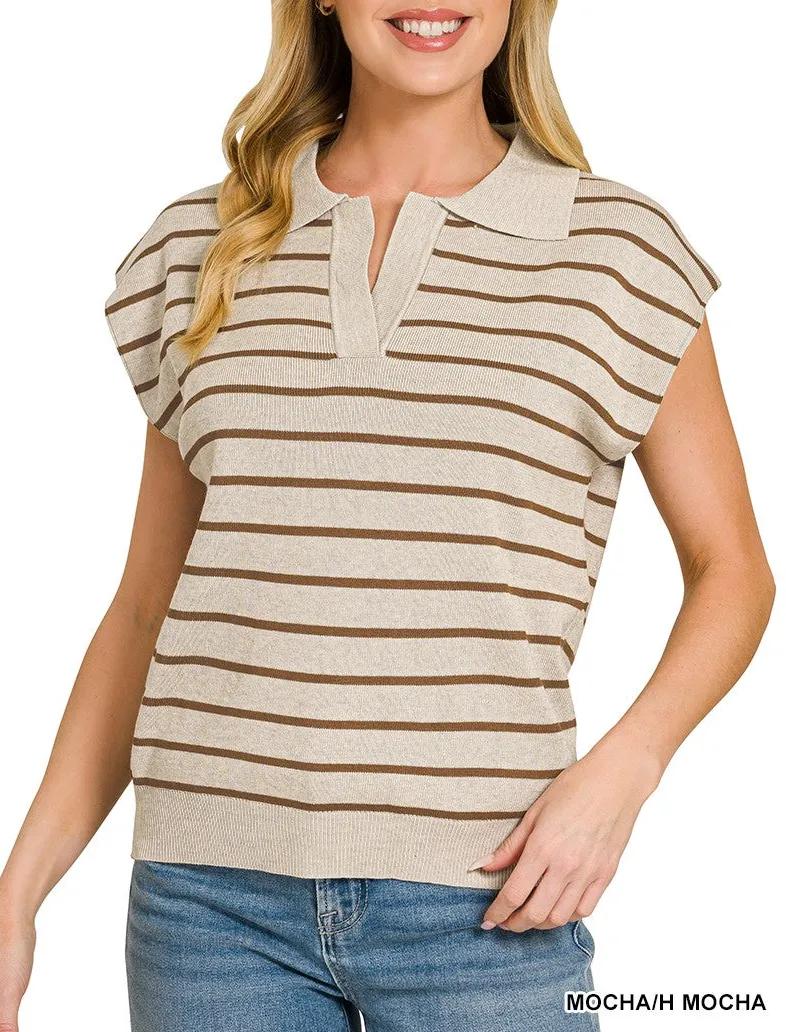 Striped Polo Collar Sleeveless Sweater