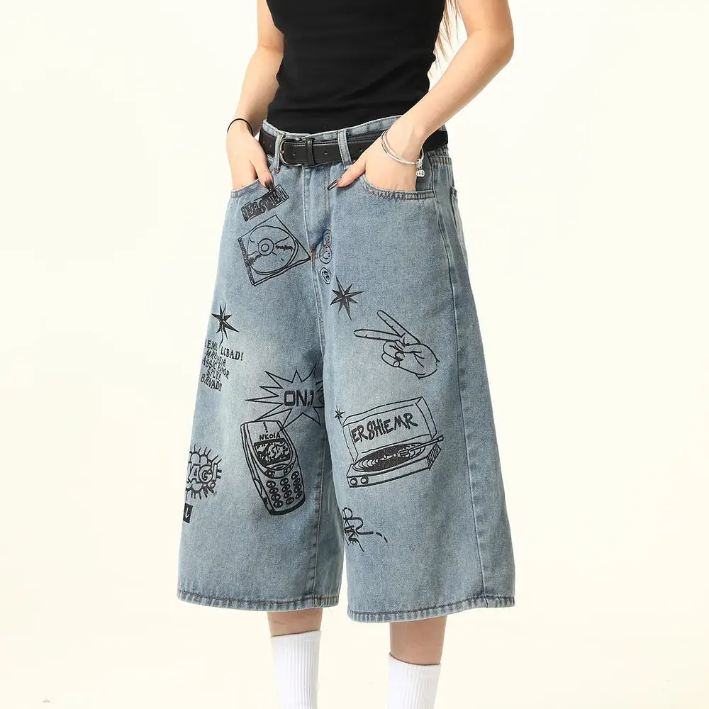 Graffiti Print Denim Shorts