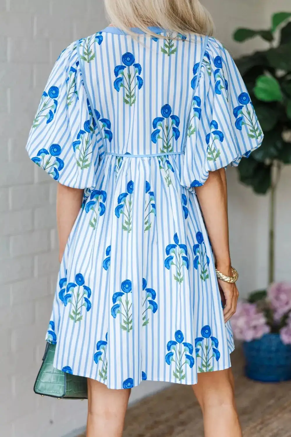 Floral Striped Split Neck Mini Dress
