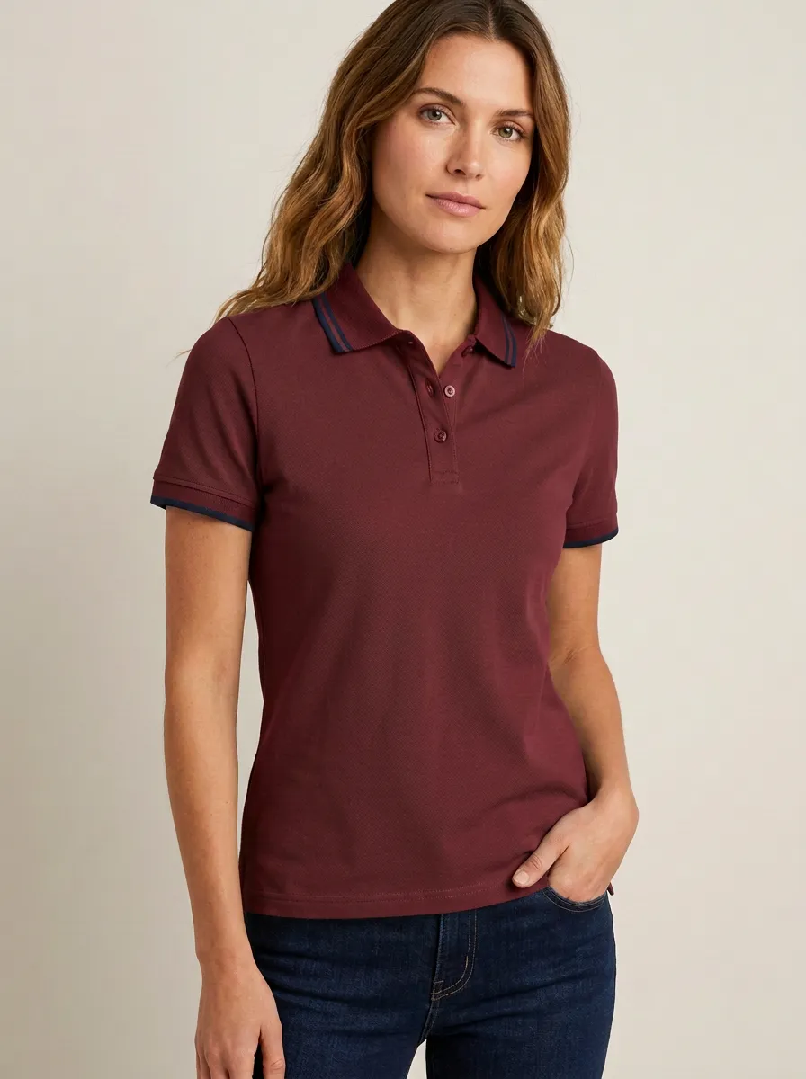 Women's Striped-Collar Collared Contrast-Trim Polo Shirt