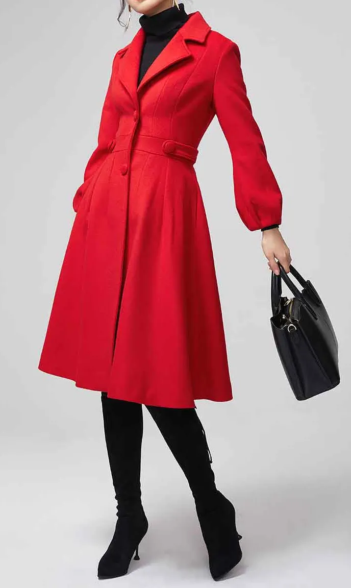 Wool Blend Fit and Flare Lapel Collar Lantern Sleeve Pocketed Coat