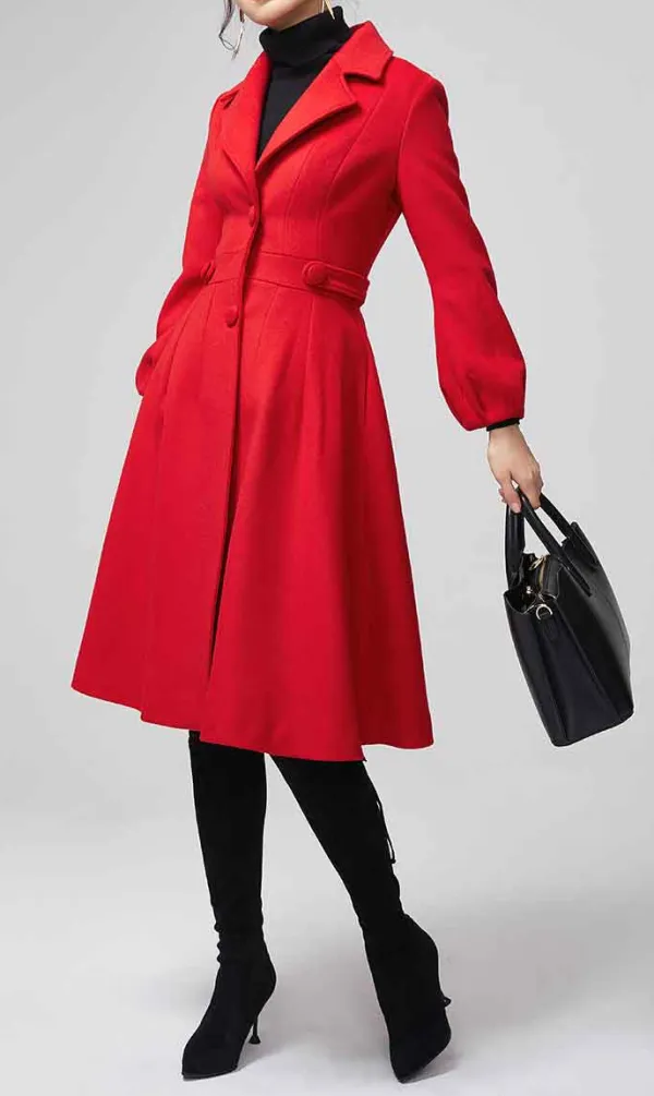Wool Blend Fit and Flare Lapel Collar Lantern Sleeve Pocketed Coat