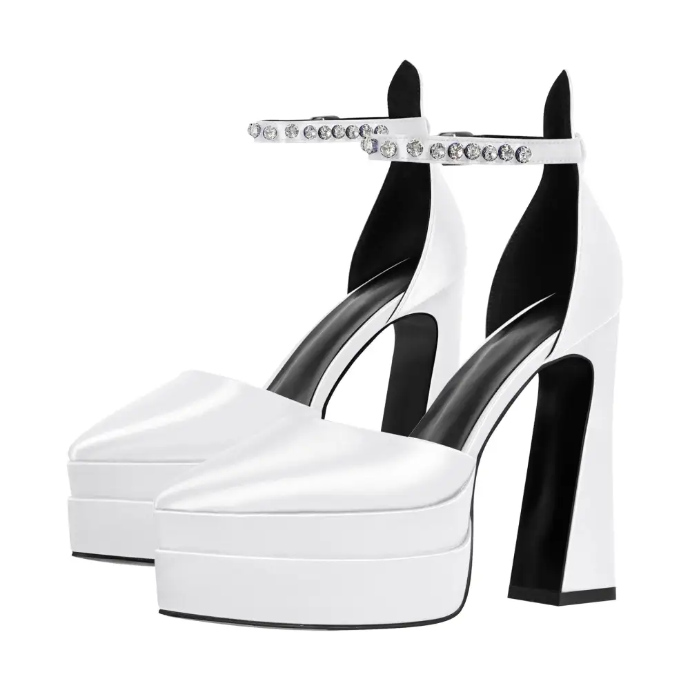 Satin Finish Rhinestone Pointed Toe Double Platform Chunky Heel Pumps