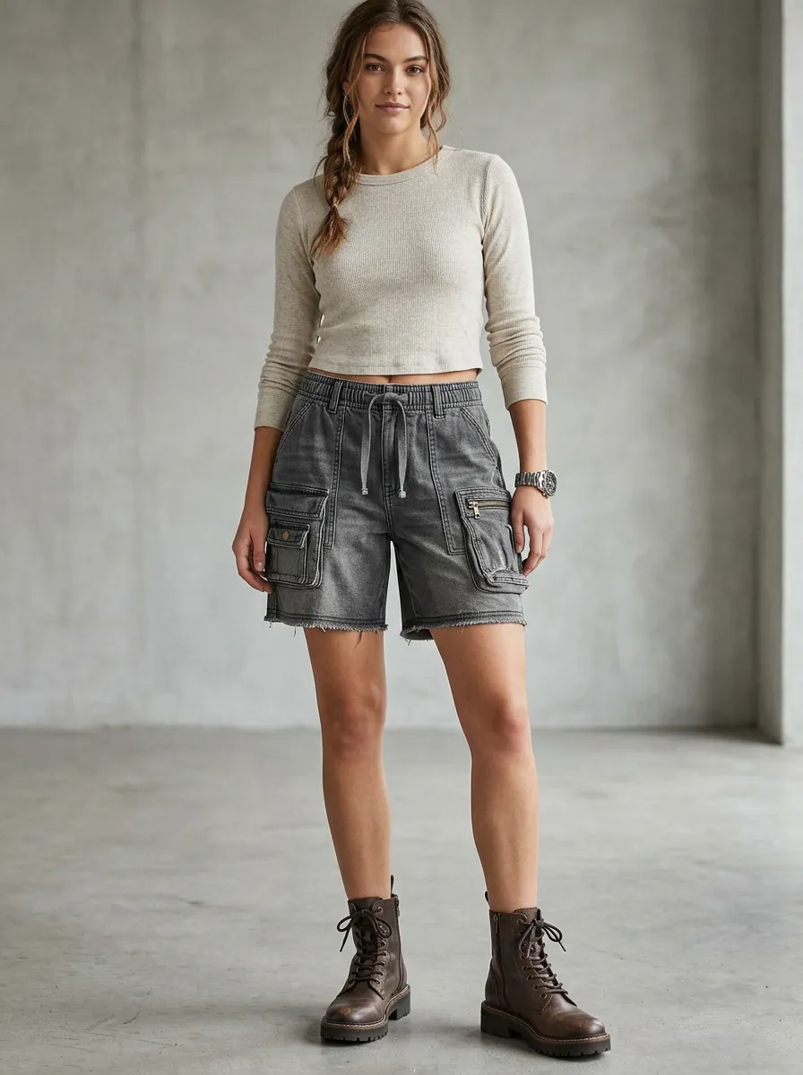 Women's Casual Streetwear Grey Denim Multi-Pocket Cargo Shorts