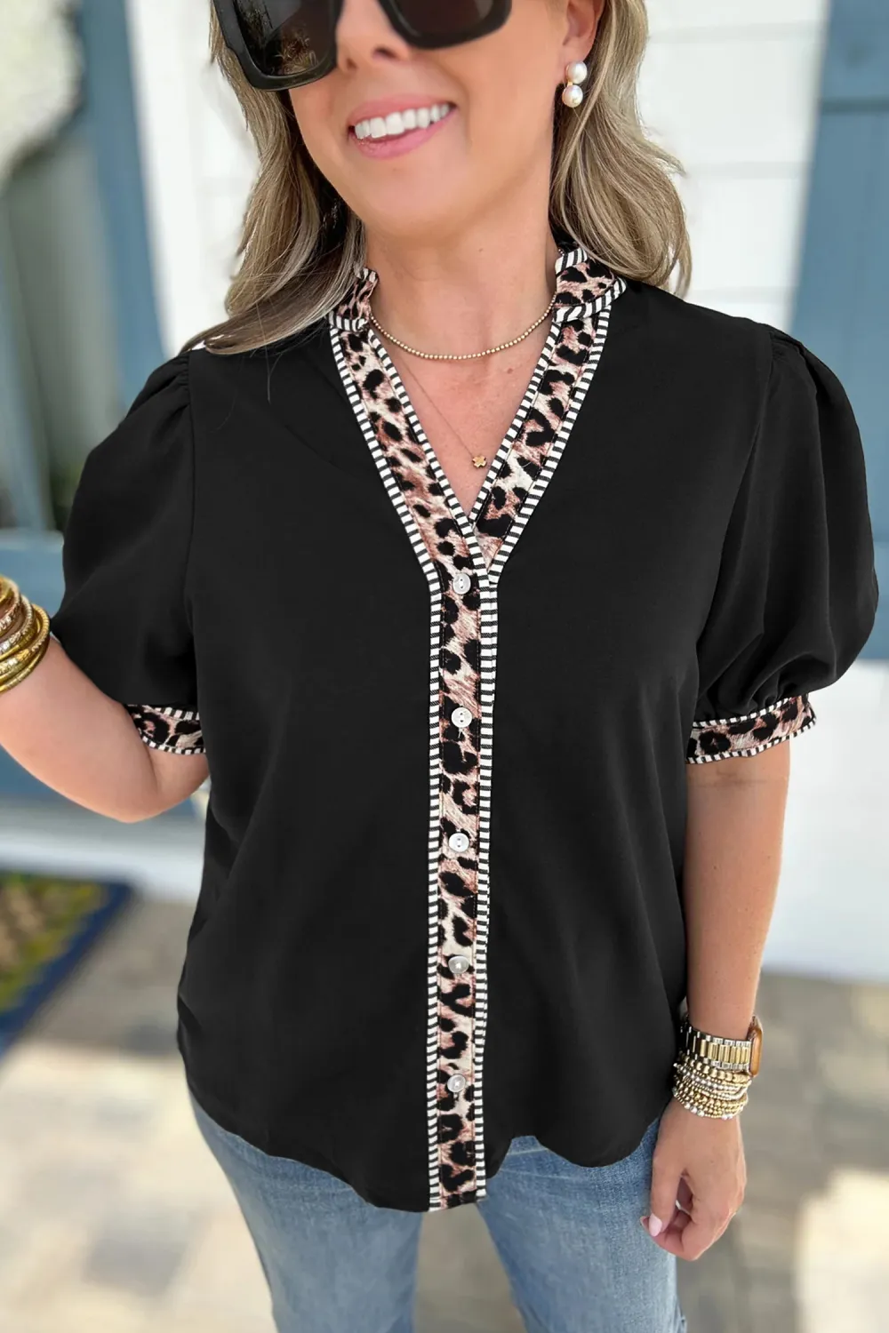 Black V Neck Short Puff Shirt