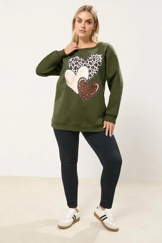 Khaki Green Leopard Print Heart Sweatshirt detail 1