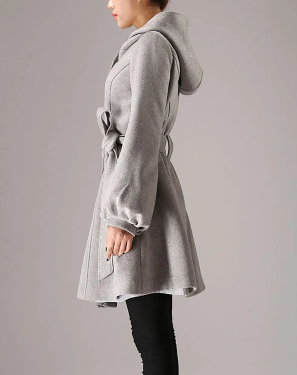 Wool Blend Hooded Lantern Sleeve Coat