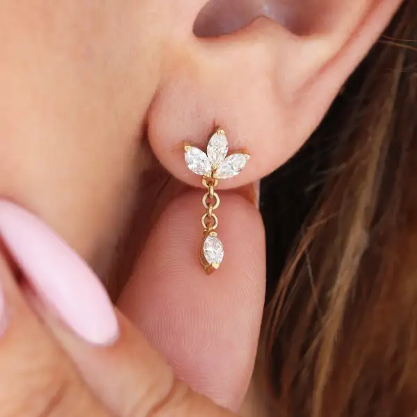 Marquise Flower Dangle Diamond Earrings With Chain