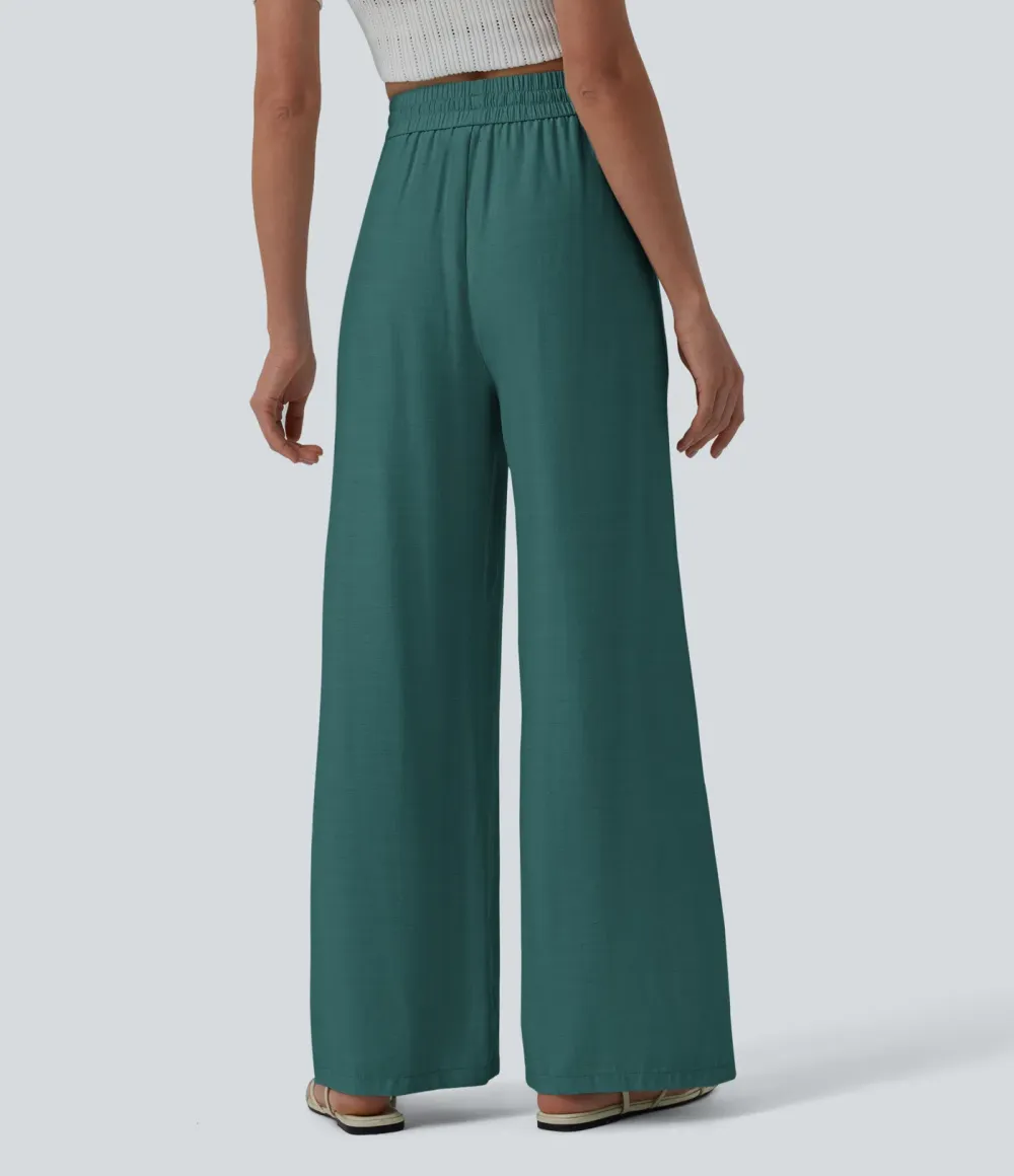 2026🔥High Waisted Drawstring Wide Leg Casual Linen-Blend Trousers with Pockets