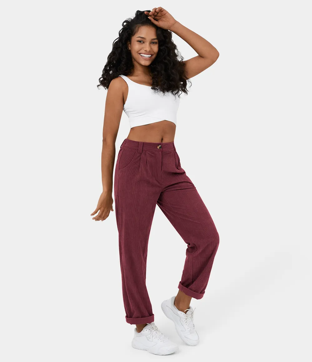 Mid Rise Button Zipper Side Pocket Corduroy Casual Pants