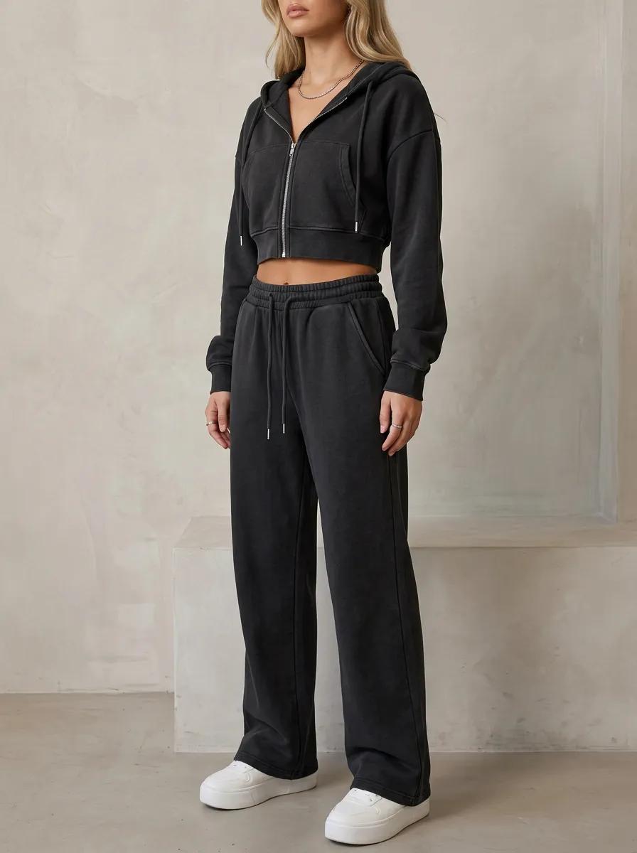 Cropped Zip-Up Vintage-Wash Jogger Women's Cropped Zip-Up Hoodie Jogger Active Set