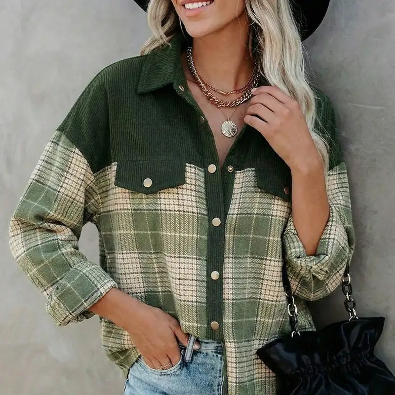 Plaid Corduroy Casual Outerwear Jacket