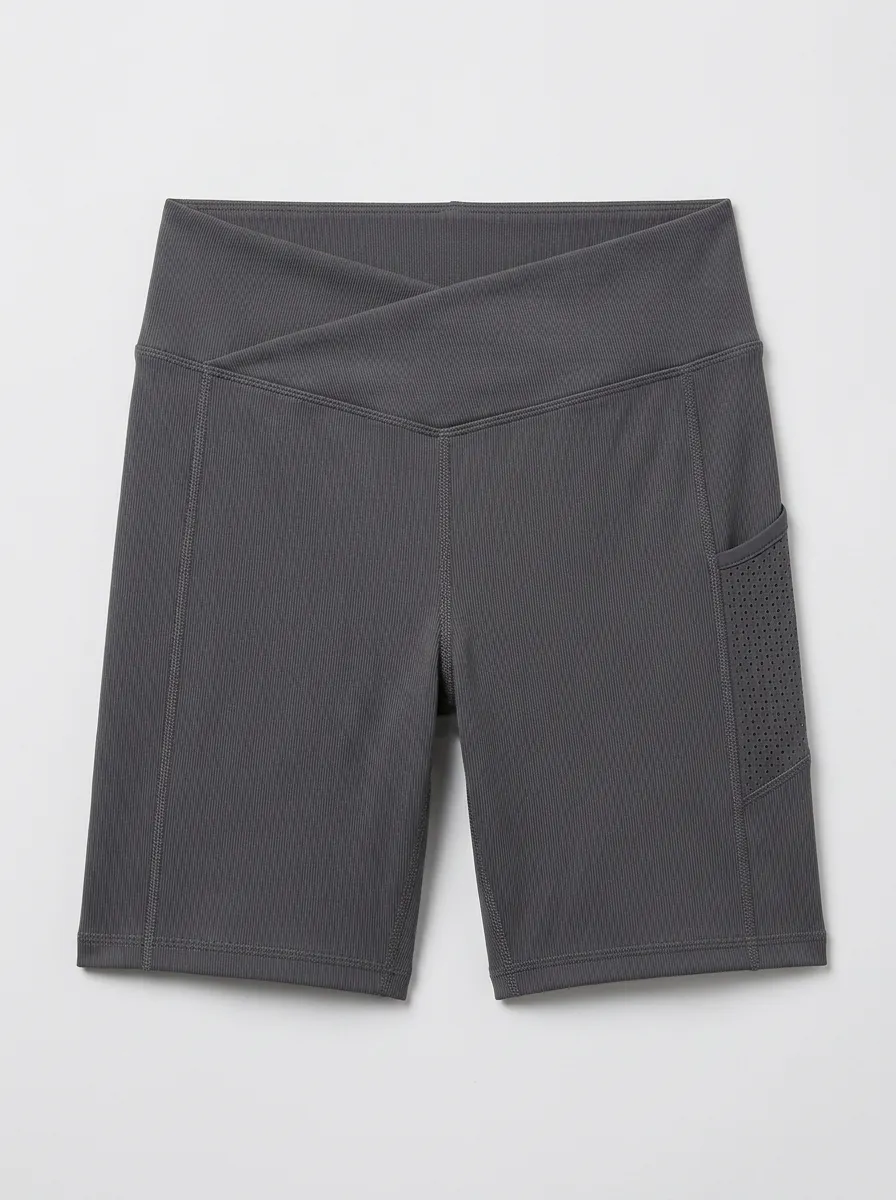 Women's Yoga Fitness Cross Waist Perforated Pocket Ribbed Shorts