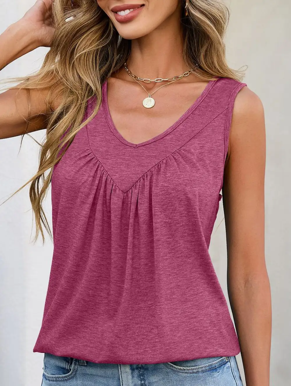 Ruched V Neck Sleeveless Tank Top