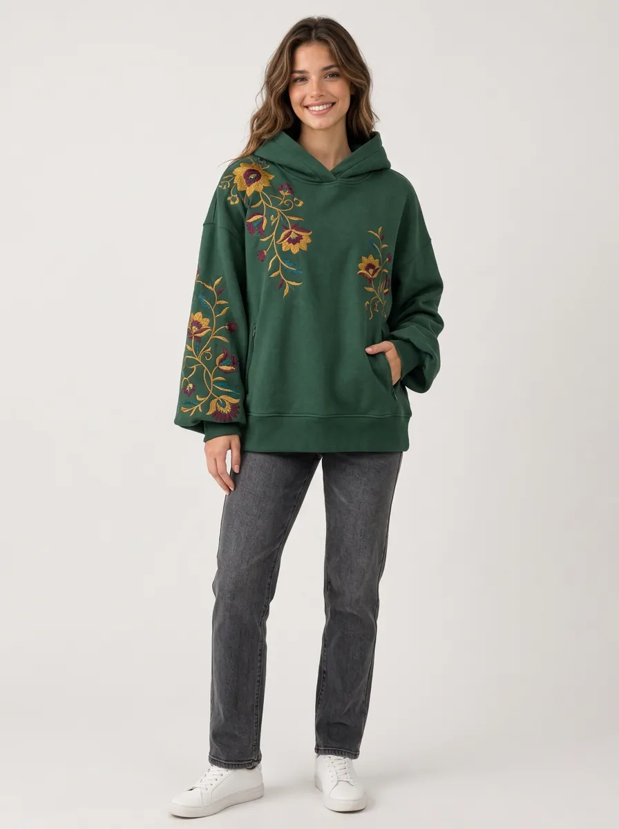 Versatile Layer Women's Floral Embroidered Graphic Nature Inspired Hoodie