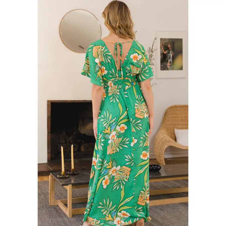 Full Size Floral Smocked Tied Back Maxi Dress