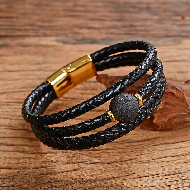 Bead Tiger Eye Amethyst Craved Leather Bracelet