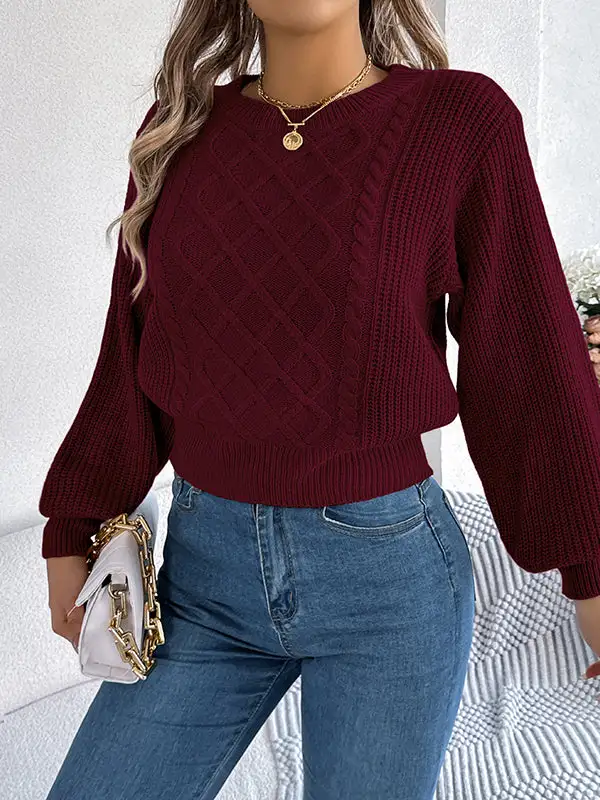 Cable Knit Round Neck Long Sleeve Knit Top