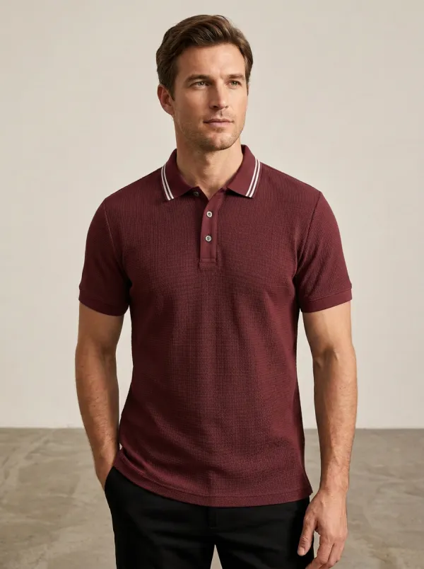 Men's Waffle-Knit Striped-Collar Collared Polo Shirt