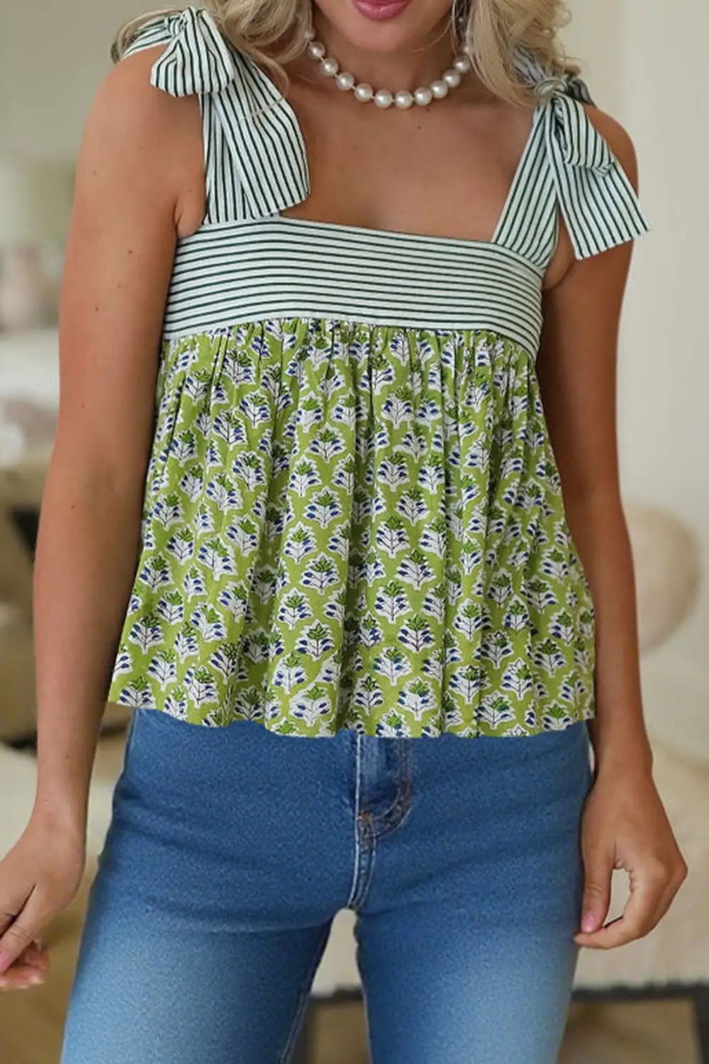 Refined Floral-Print Striped Tank Top