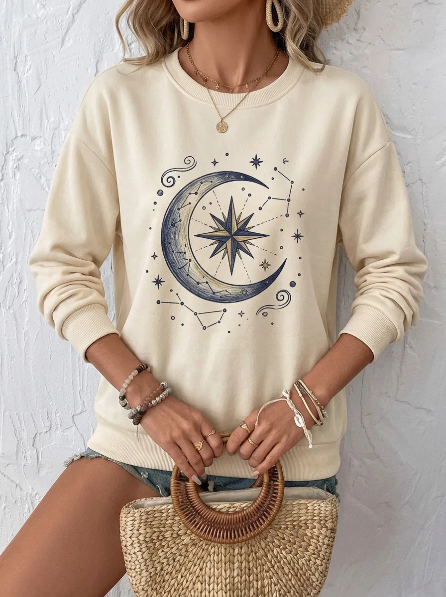 Women's Celestial Astrology Moon Star Printed Sweatshirt