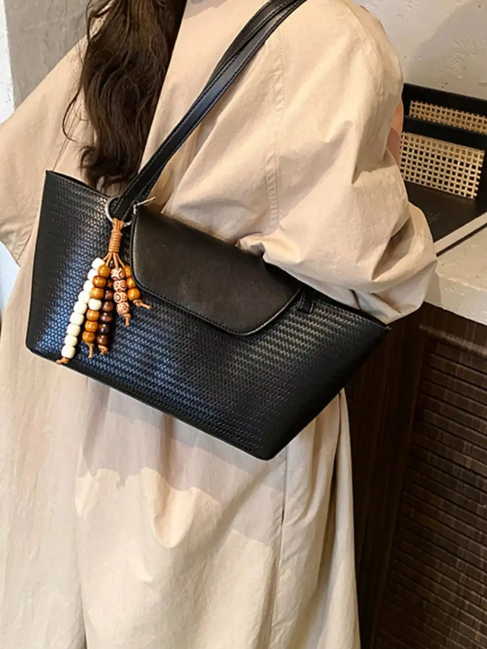 Beaded Charm Textured Tote Bag