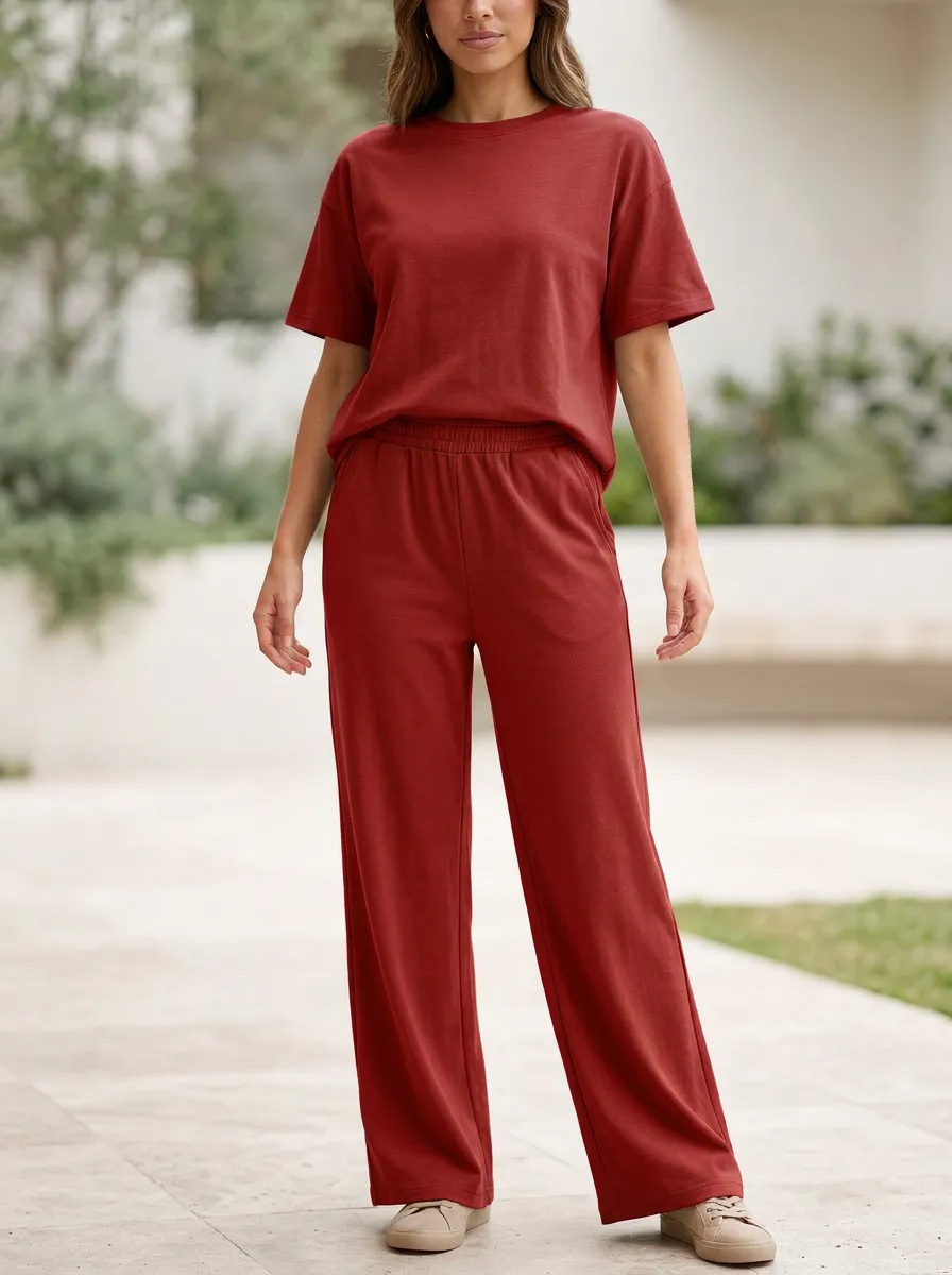Women's Minimal Crewneck Top And Pull-On Wide-Leg Trouser Two-Piece Set