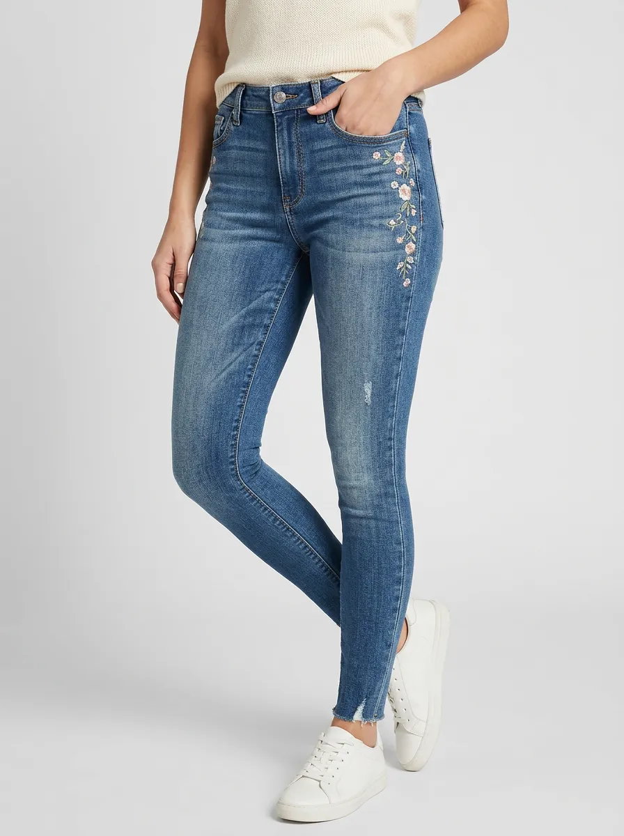 Women's Floral Pink Flower Embroidered Printed Slim Jeans