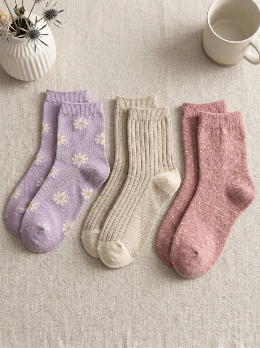 Women's Floral Daisy Polka Dot Printed Socks Set