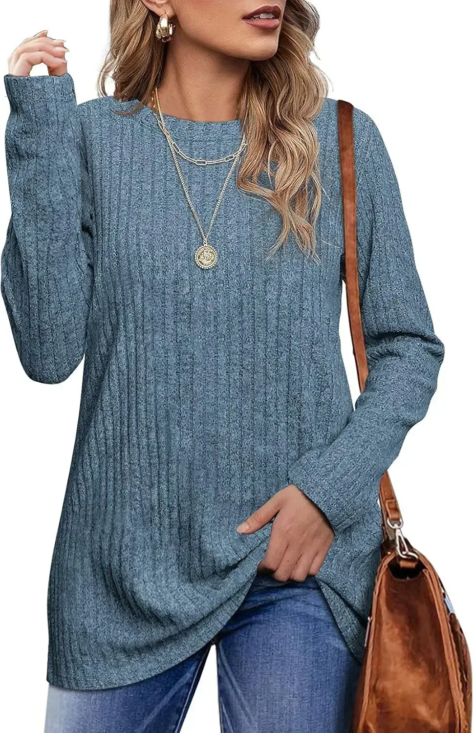 OFEEFAN Long Sleeve Shirts for Women Lightweight Crew Neck Casual Tunic Tops