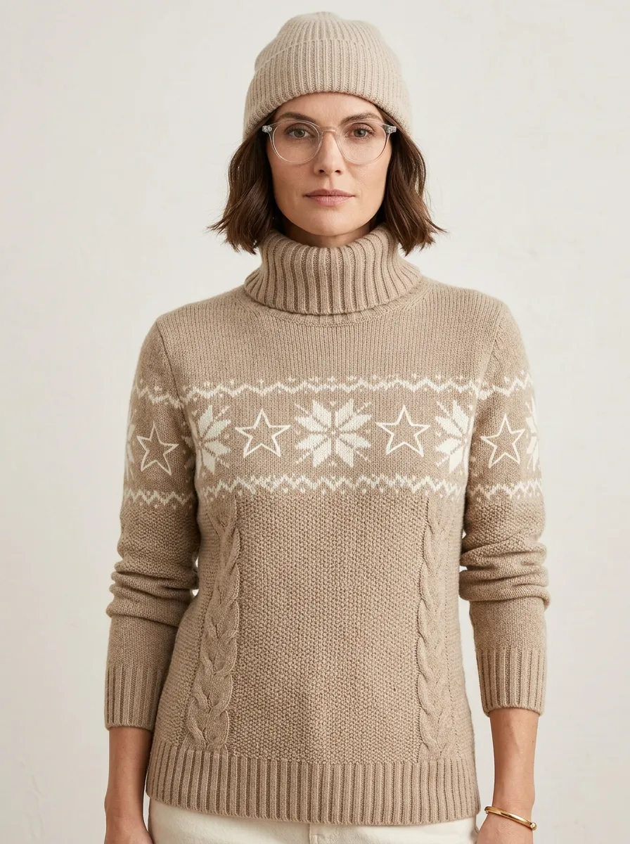 Women's Winter Holiday Star Snowflake Printed Turtleneck Sweater
