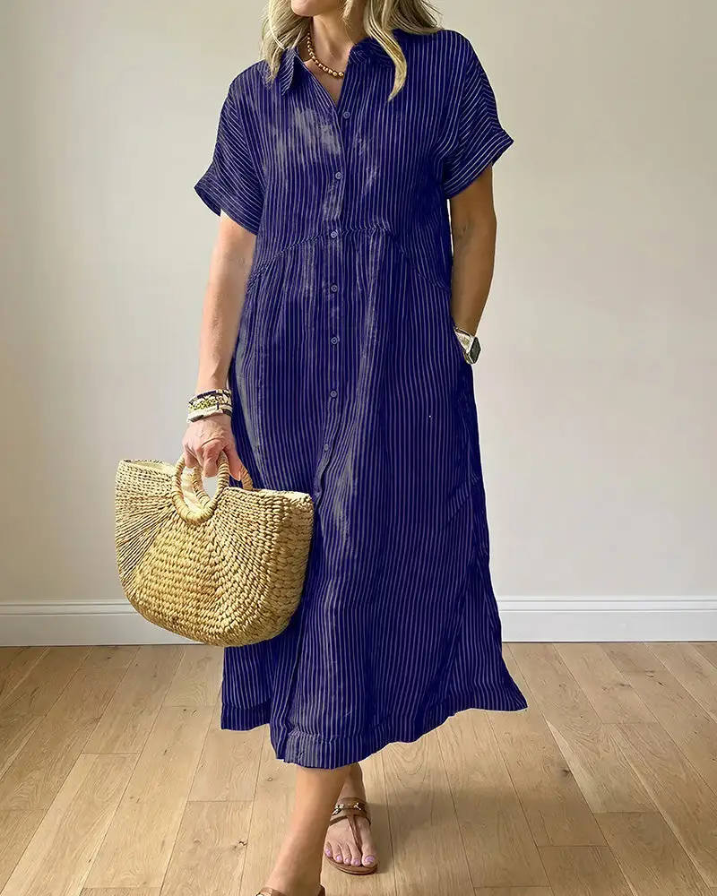 Casual Striped Short Sleeve Cotton Linen Shirt Midi Dress