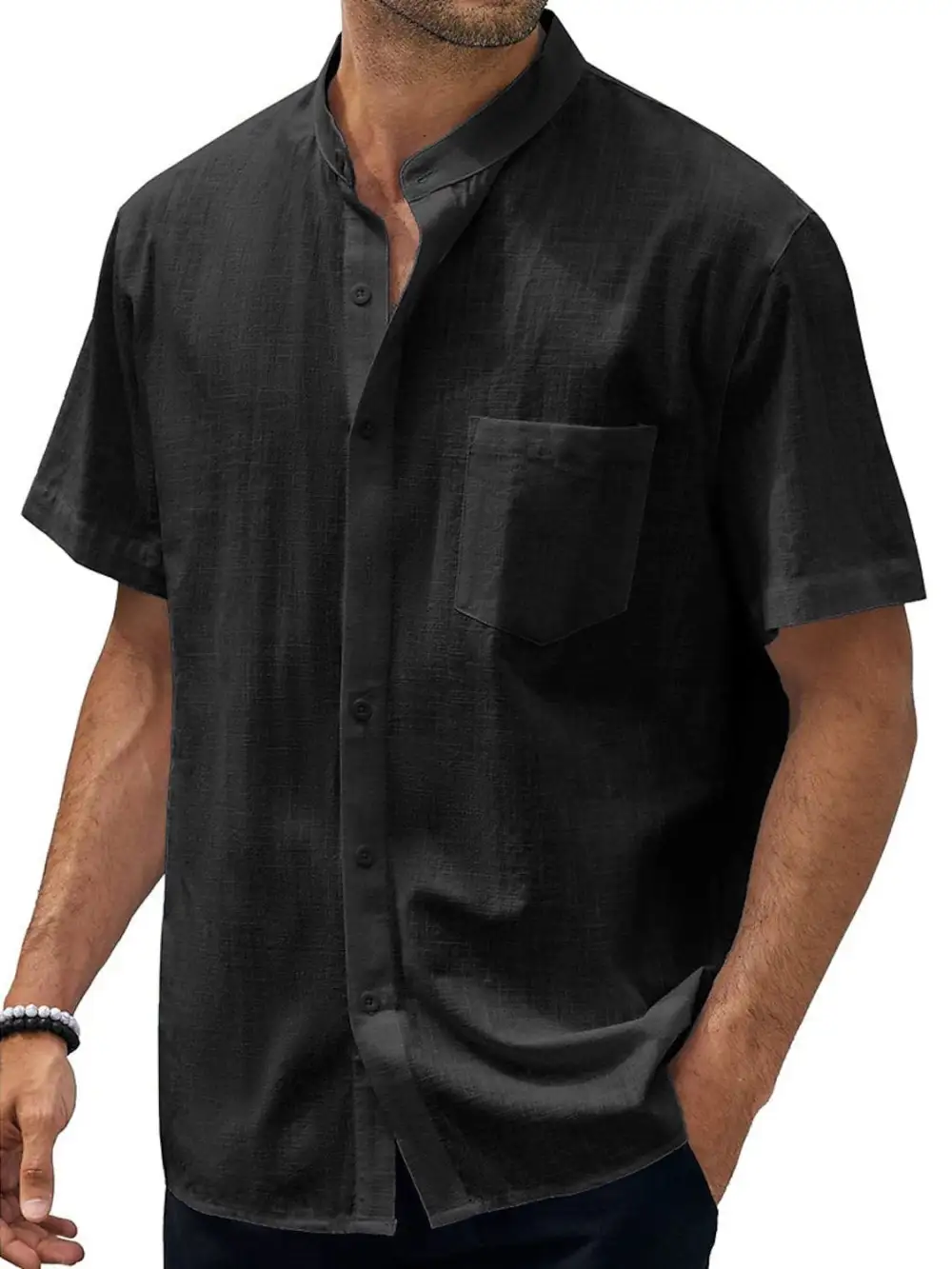 Cotton Linen Stand Collar Shirt