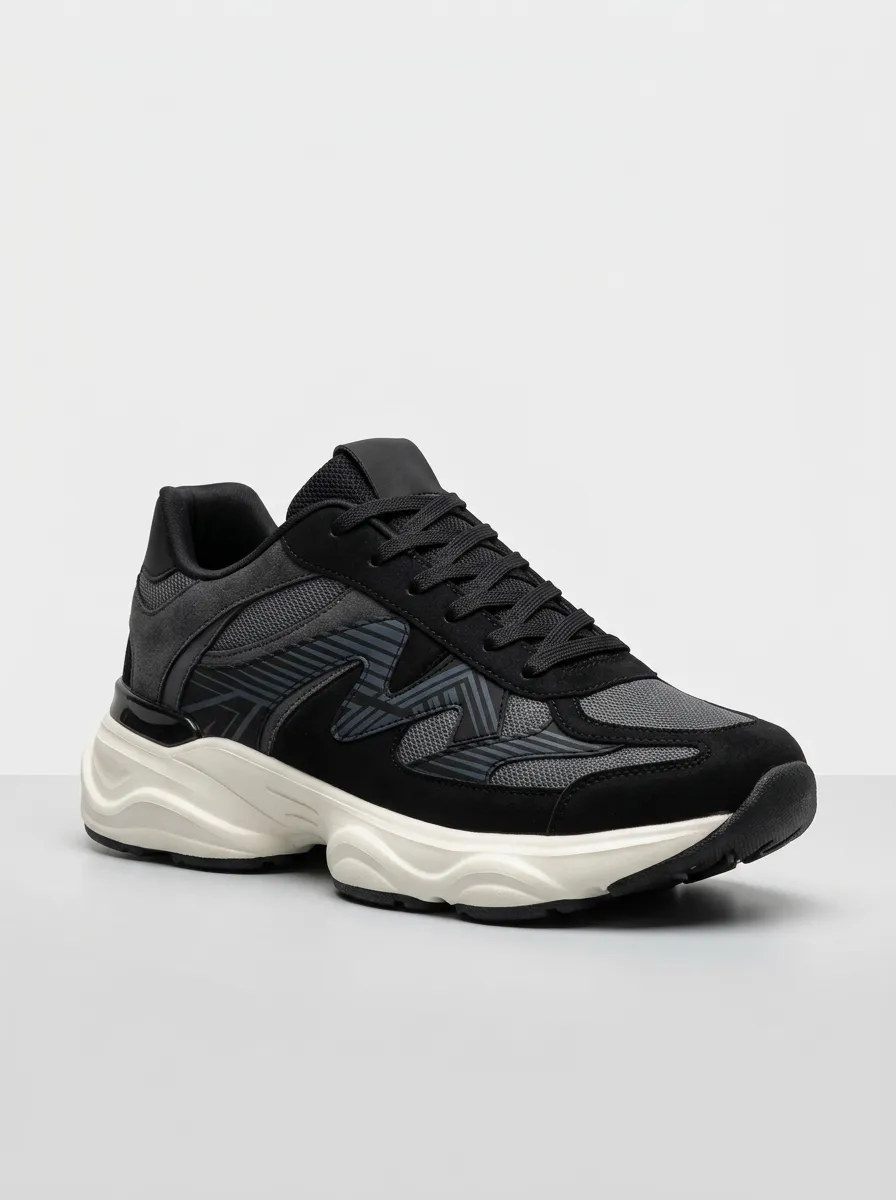 Men's Black Multi-Panel Chunky Sneakers