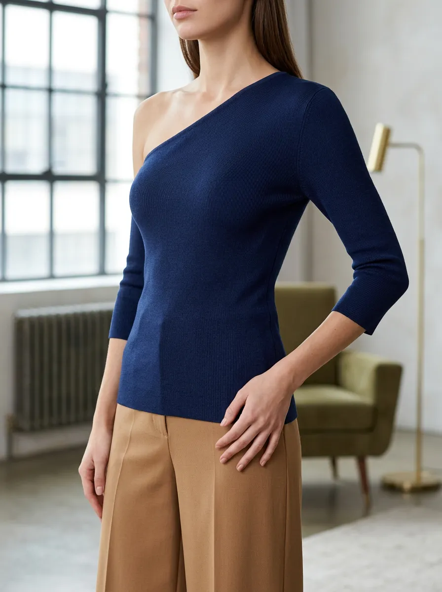 Women's Navy Blue Ribbed One Shoulder Long Sleeve Top