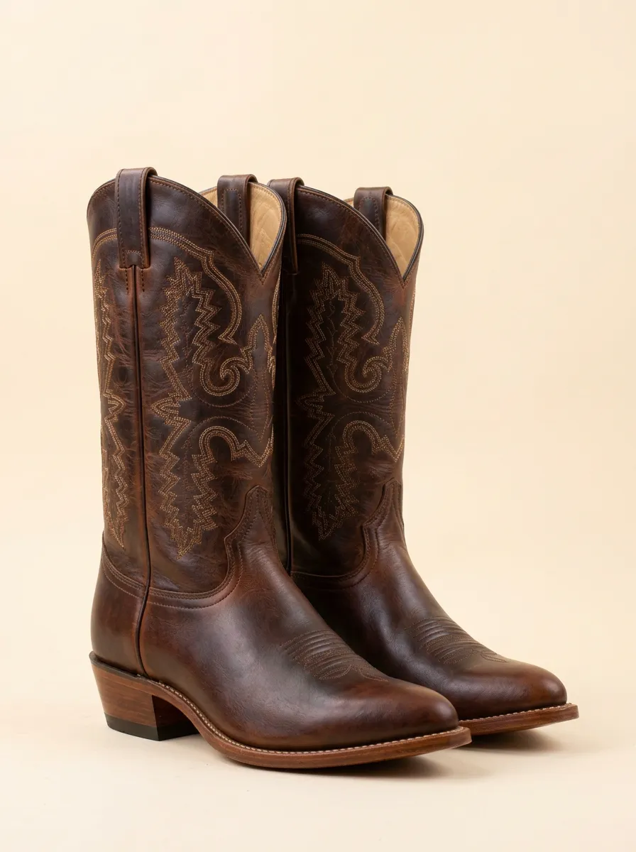Men's Western Cowboy Brown Leather Embroidered Stitching Boots