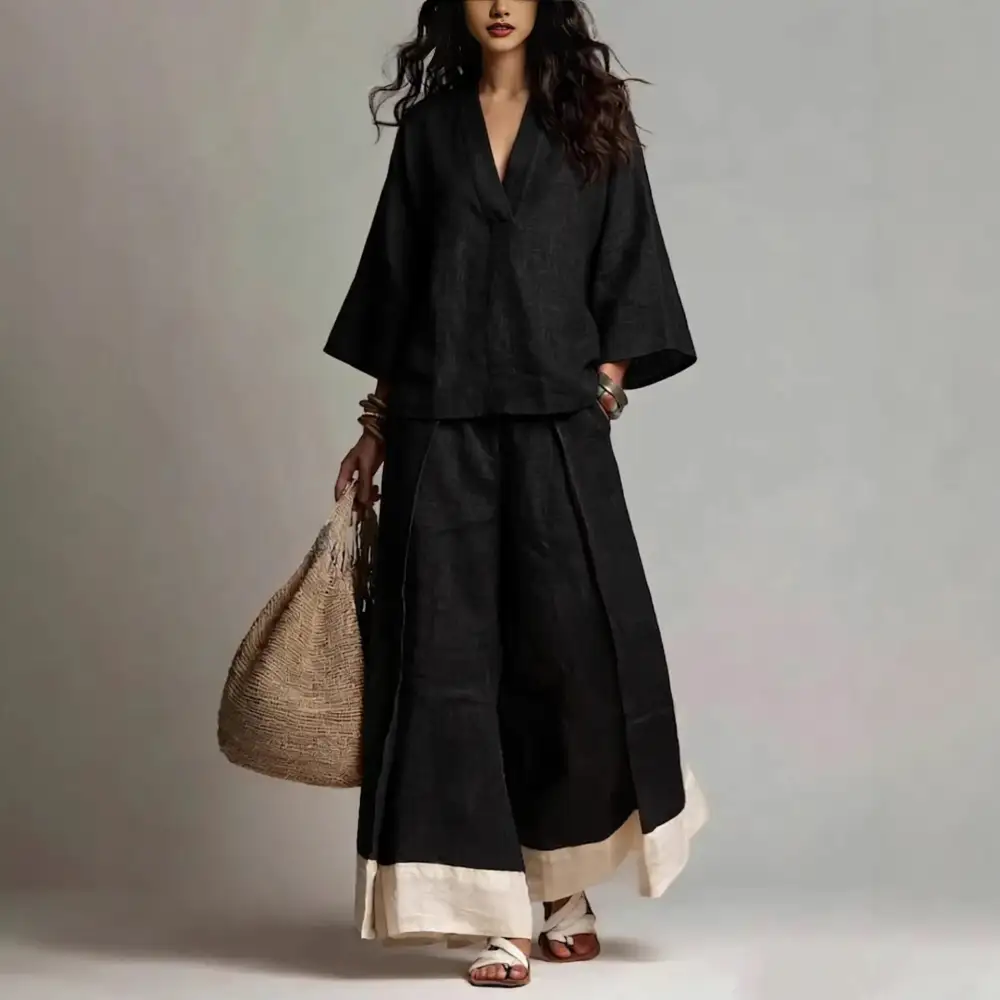 Wide-Leg V-Neck Denim Women's Matching Set