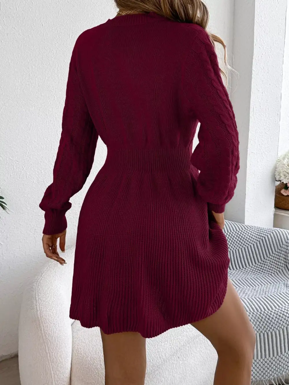Gathered Detail Knit Long Sleeve Sweater Dress
