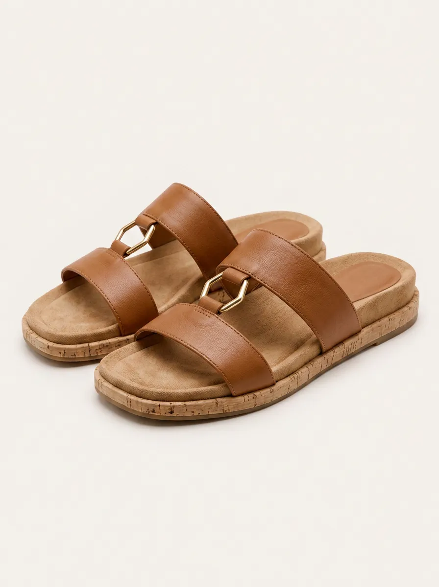 Women's Casual Summer Gold-Buckle Tan Faux Leather Cork Sandals