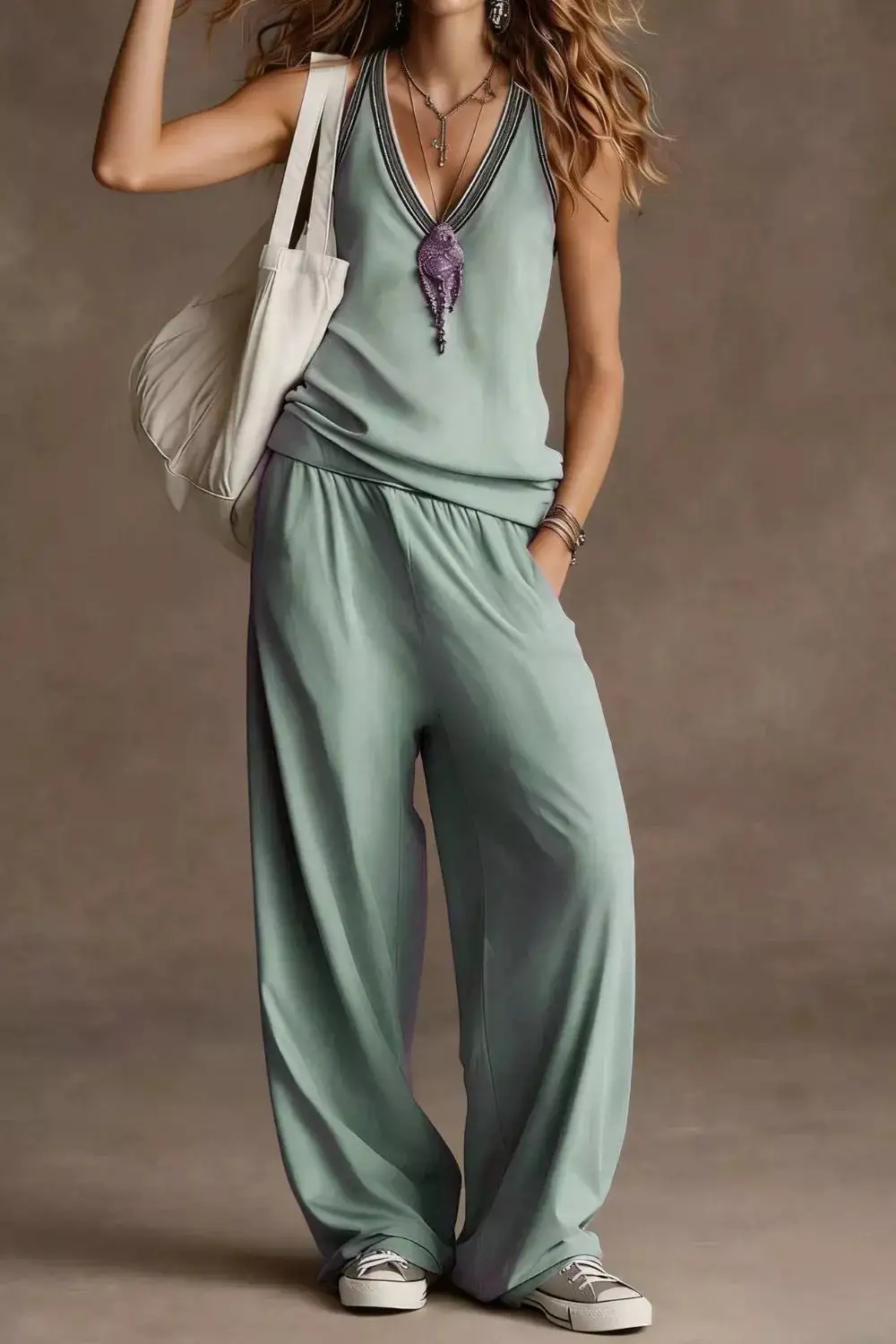 V Neck Tank and Wide Leg Pants Set