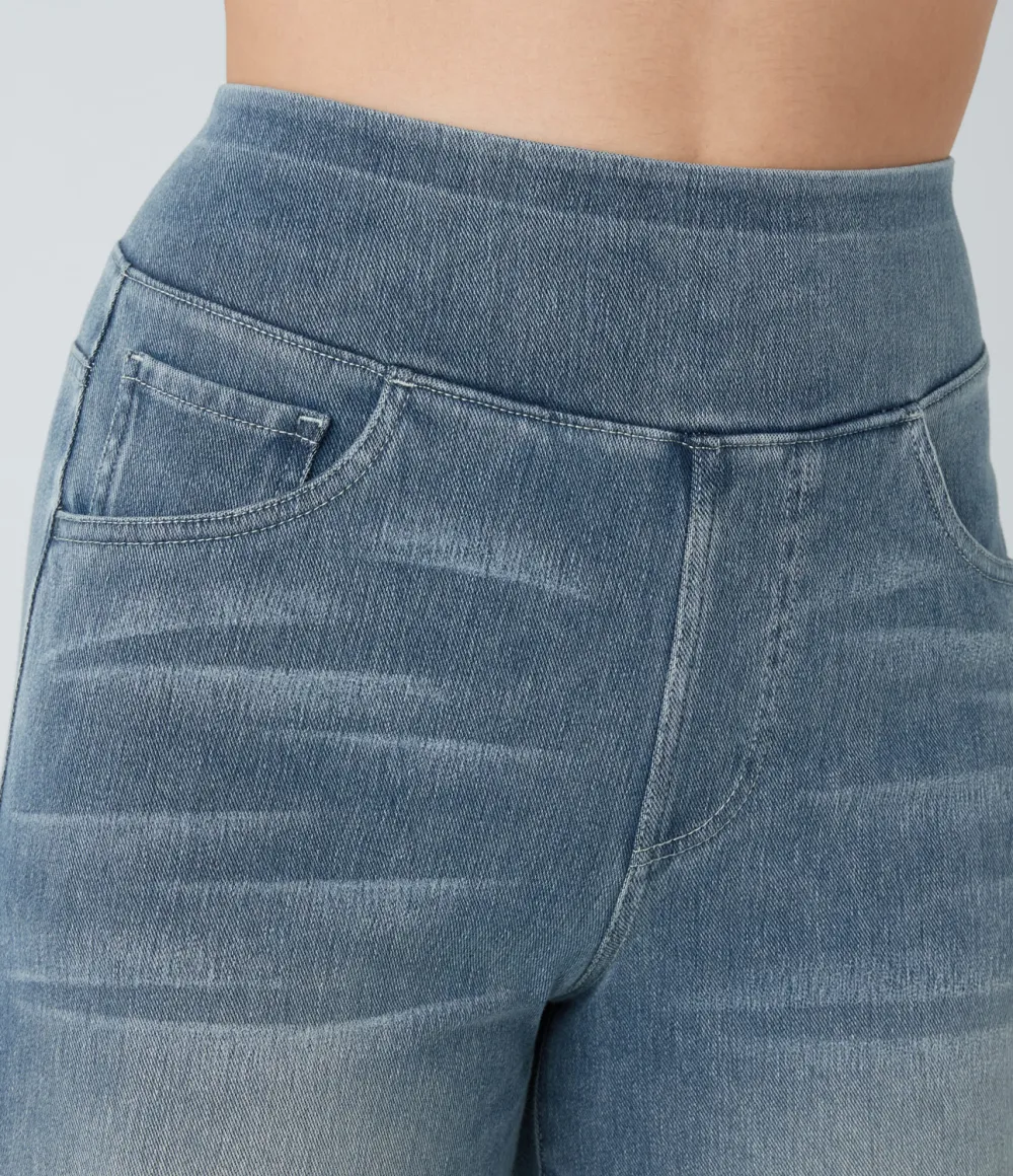 Magic High Waisted Multiple Pockets Wide Leg Washed Stretchy Knit Casual Jeans