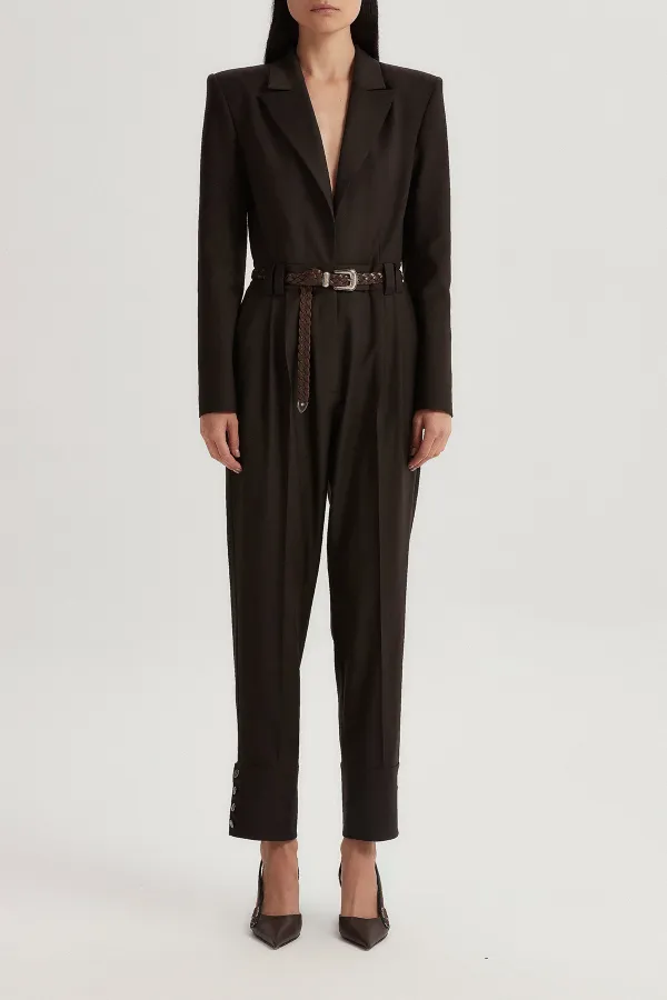 V-Neck Jumpsuit-Dark Brown