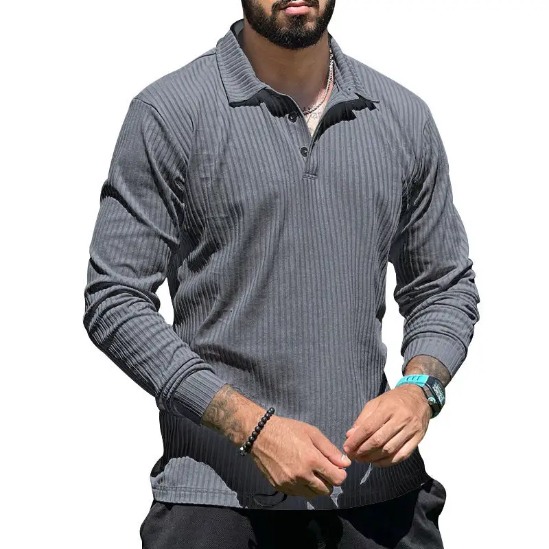 Streamlined Ribbed Button Placket Long Sleeve Fine Knit Polo Shirt