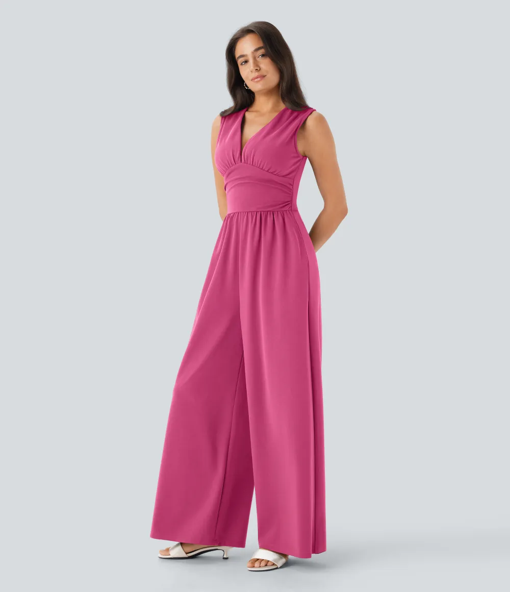 SculptKnit V Neck Sleeveless Ruched Pocket Jumpsuit-Easy Peezy