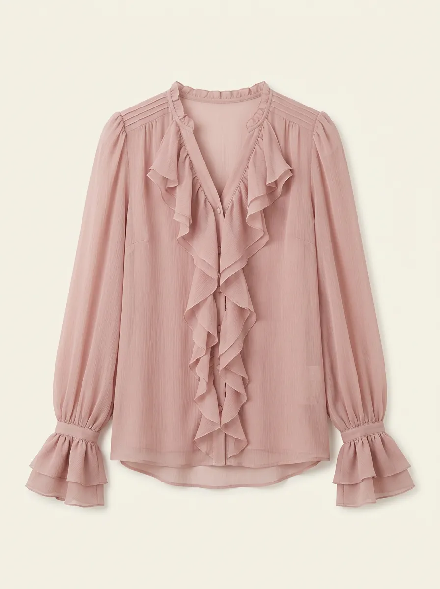 Women's Pink Ruffle Trim Long Sleeve Chiffon Blouse Top