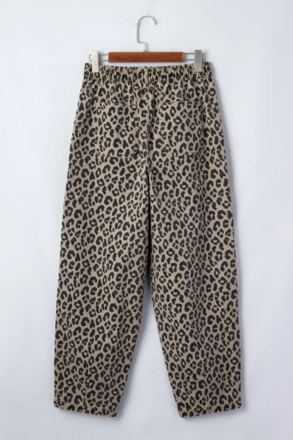 Leopard Print Drawstring Elastic Waist Loose Denim Pants with Pockets
