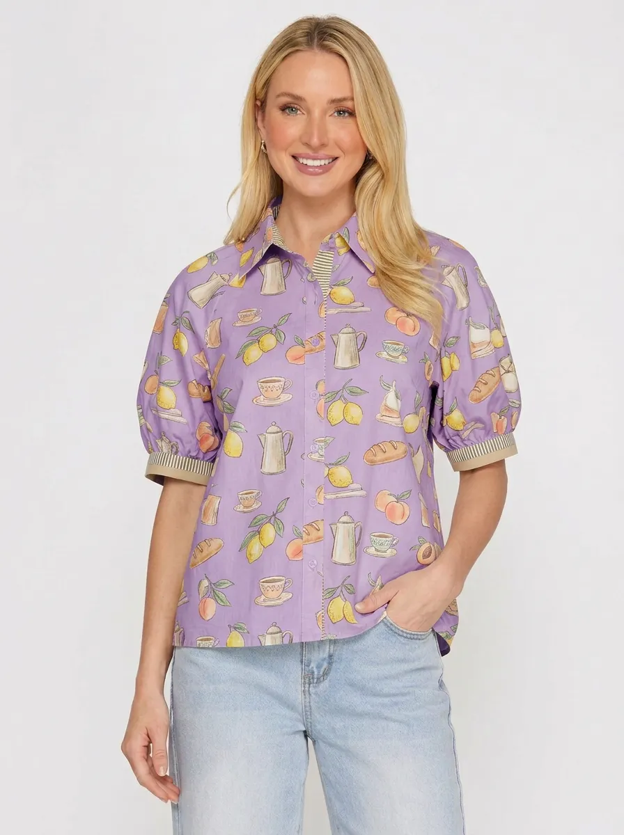 Women's Breakfast Food Lover Lemon Peach Bread Coffee Printed Shirt