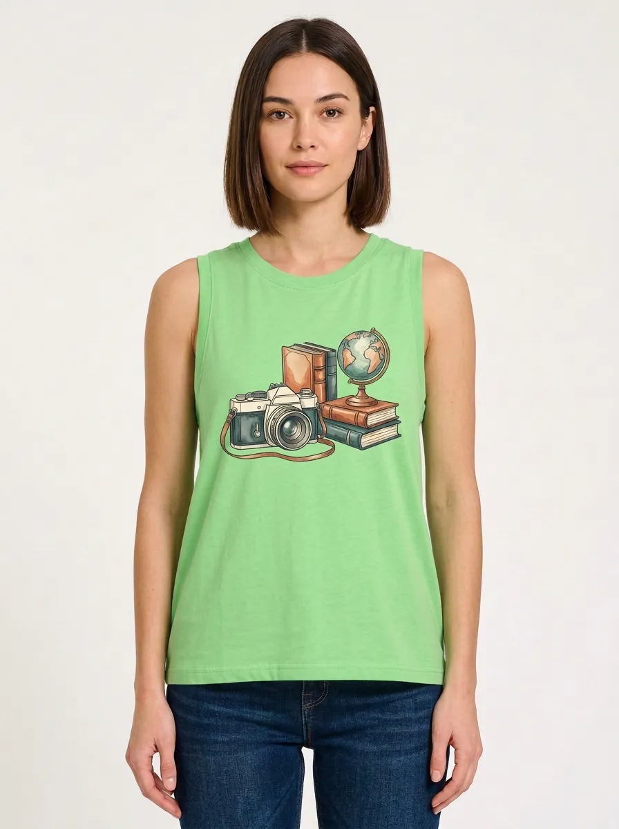 Women's Travel-Inspired Camera Globe Books Printed Tank Top
