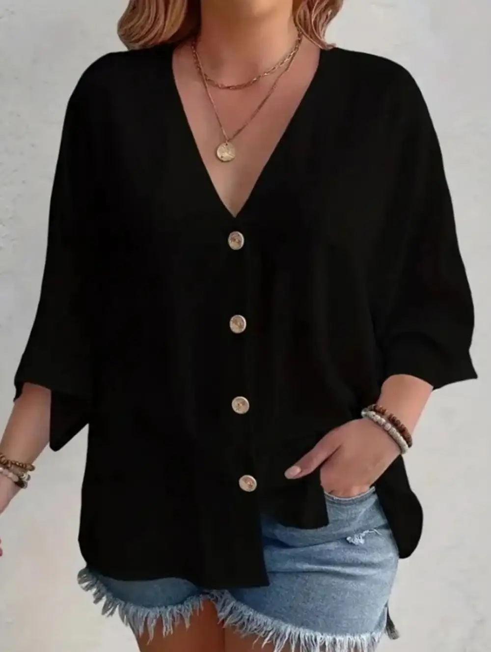 V-Neck Button Tee Cardigan Top