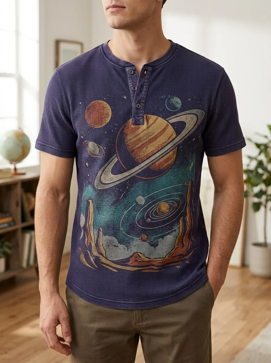 Men's Space Astronomy Planet Printed Henley T-shirt